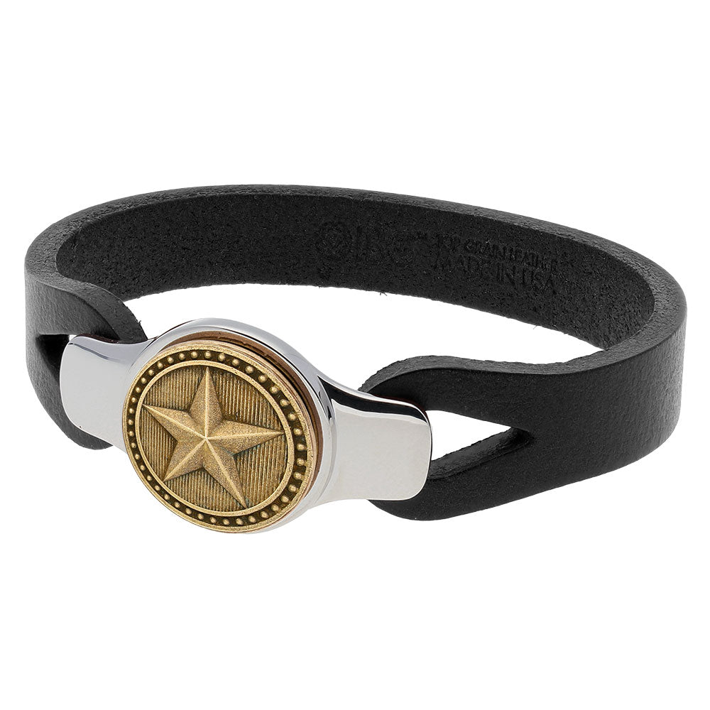 Silver Black Leather Strap Texas Star Bracelet