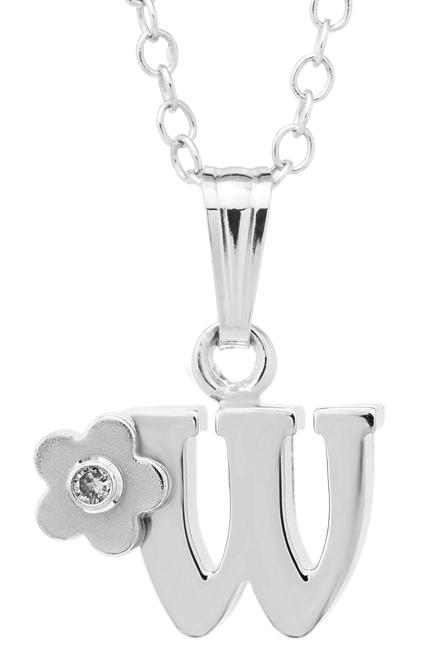 Sterling Silver Initial Diamond Flower "W" Necklace with a 15in chain
