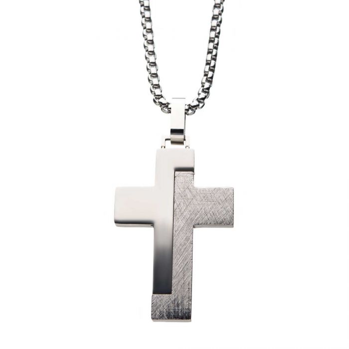 Men's Modern Block-Textured Stainless Steel Cross Necklace