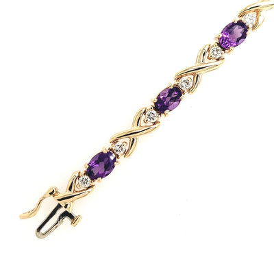 14KY Oval Amethyst & Diamond "X" Link Bracelet (7 inches)