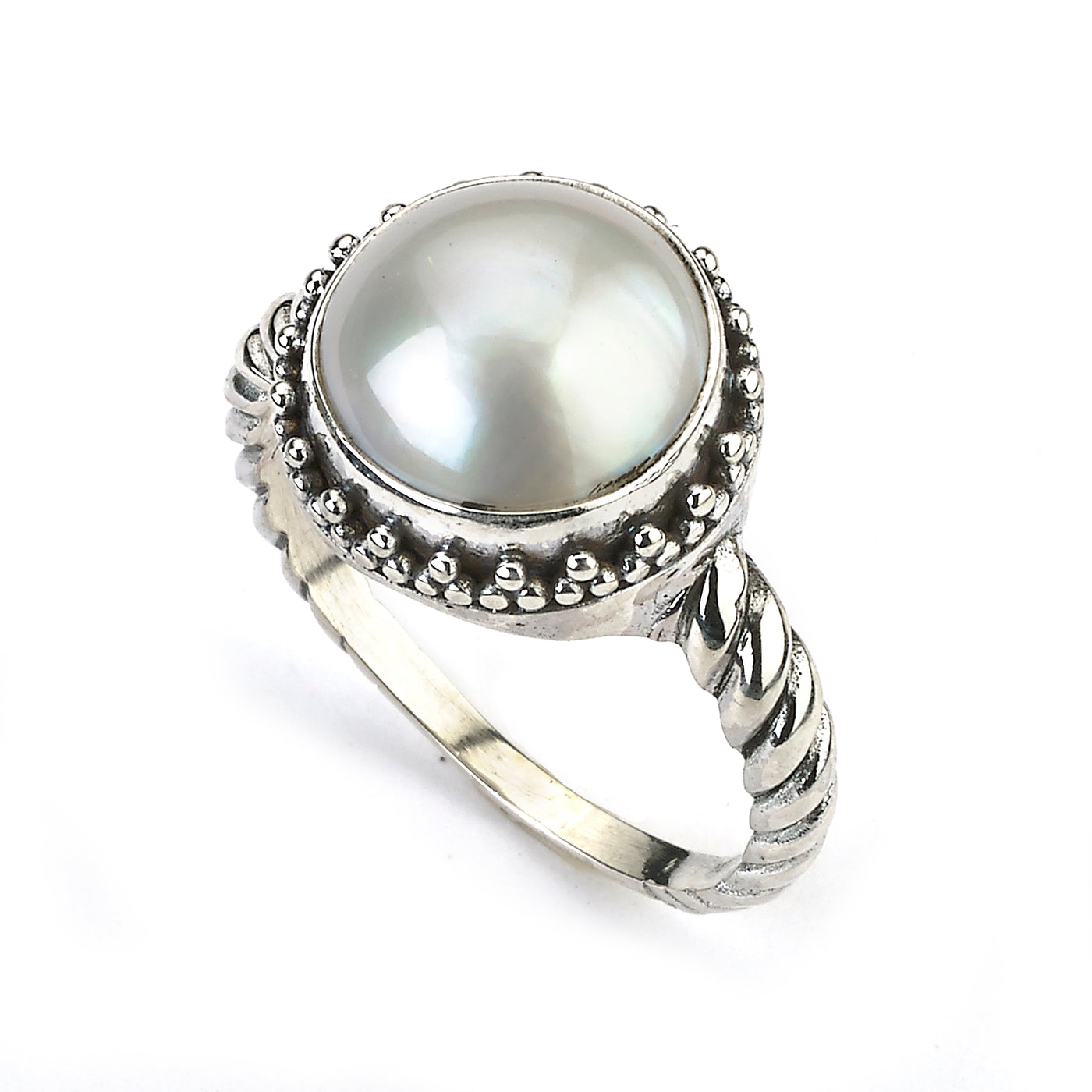 SS WHITE MABE PEARL RING WITH TWISTED SHANK