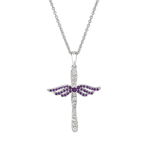 Platinum Finish Sterling Silver Micropave Angel Wings Cross with Simulated Amethyst & Diamonds on 16" - 18" Adjustable Chain