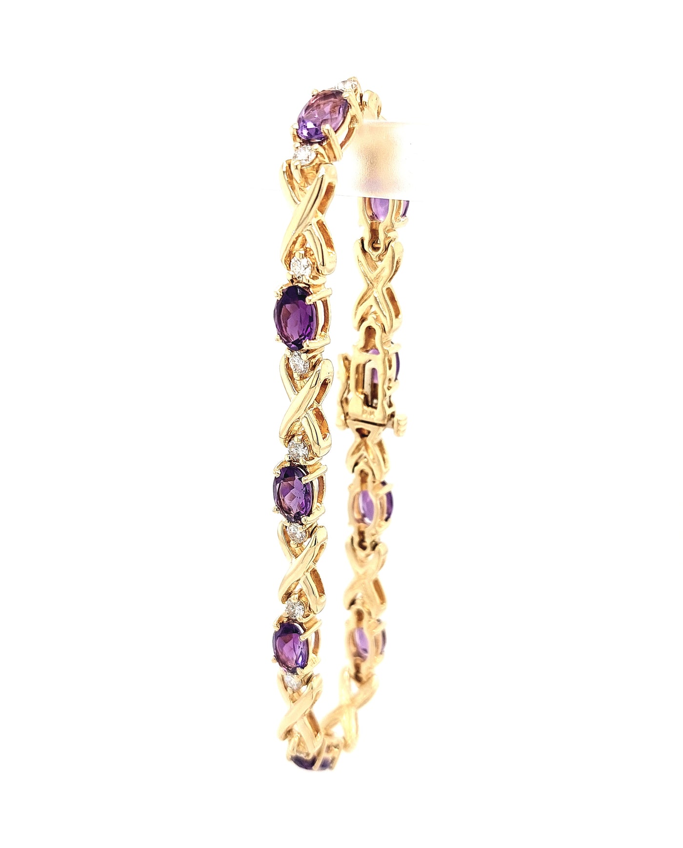 14KY Oval Amethyst & Diamond "X" Link Bracelet (7 inches)
