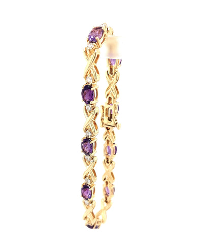 14KY Oval Amethyst & Diamond "X" Link Bracelet (7 inches)