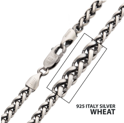 Sterling Silver Black Rhodium Plated Satin Finish Wheat Chain, 22"
