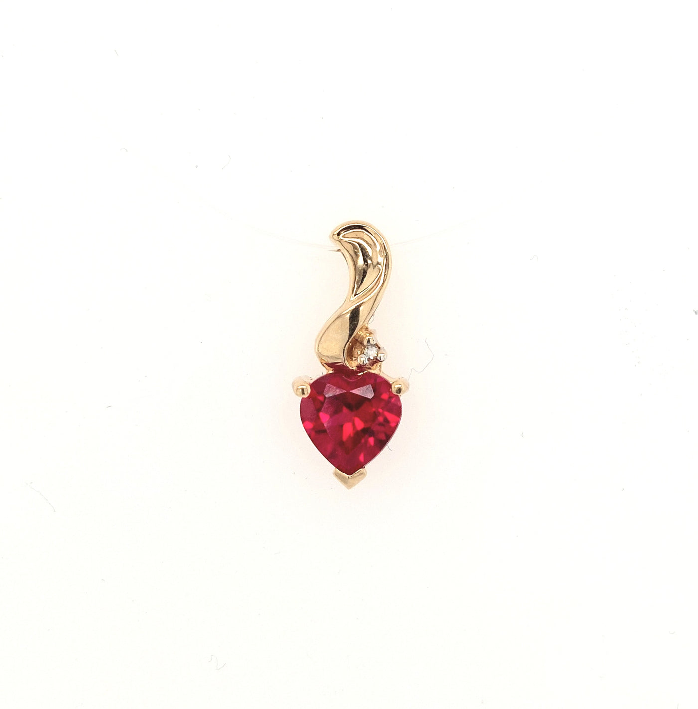 10K Yellow Gold Lab-Grown Heart Shape Ruby Pendant w/ One Small Diamond Accent Gram Weight:0.75g
