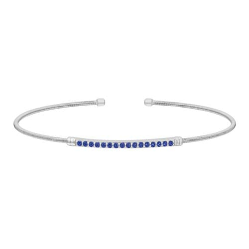 Rhodium Finish Sterling Silver Cable Cuff Bracelet with Simulated Blue Sapphire Birth Gems - September