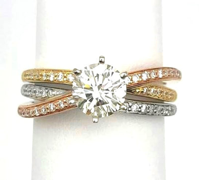 14K Tri-Color Three-Row Diamond Engagement Ring