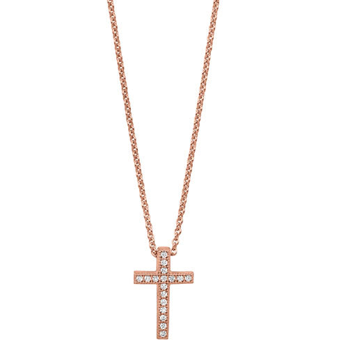Rose Gold Finish SS Micropave CroSS Pendant with Simulated Diamonds on 16"-18" Adjustable Chain