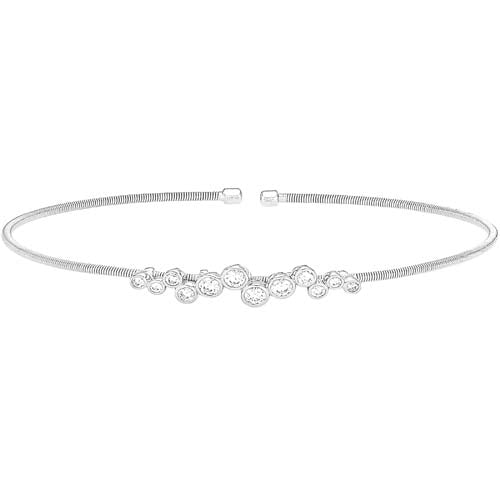 Rhodium Finish SS Cable Cuff Bracelet with Bubble Pattern Simulated Diamonds