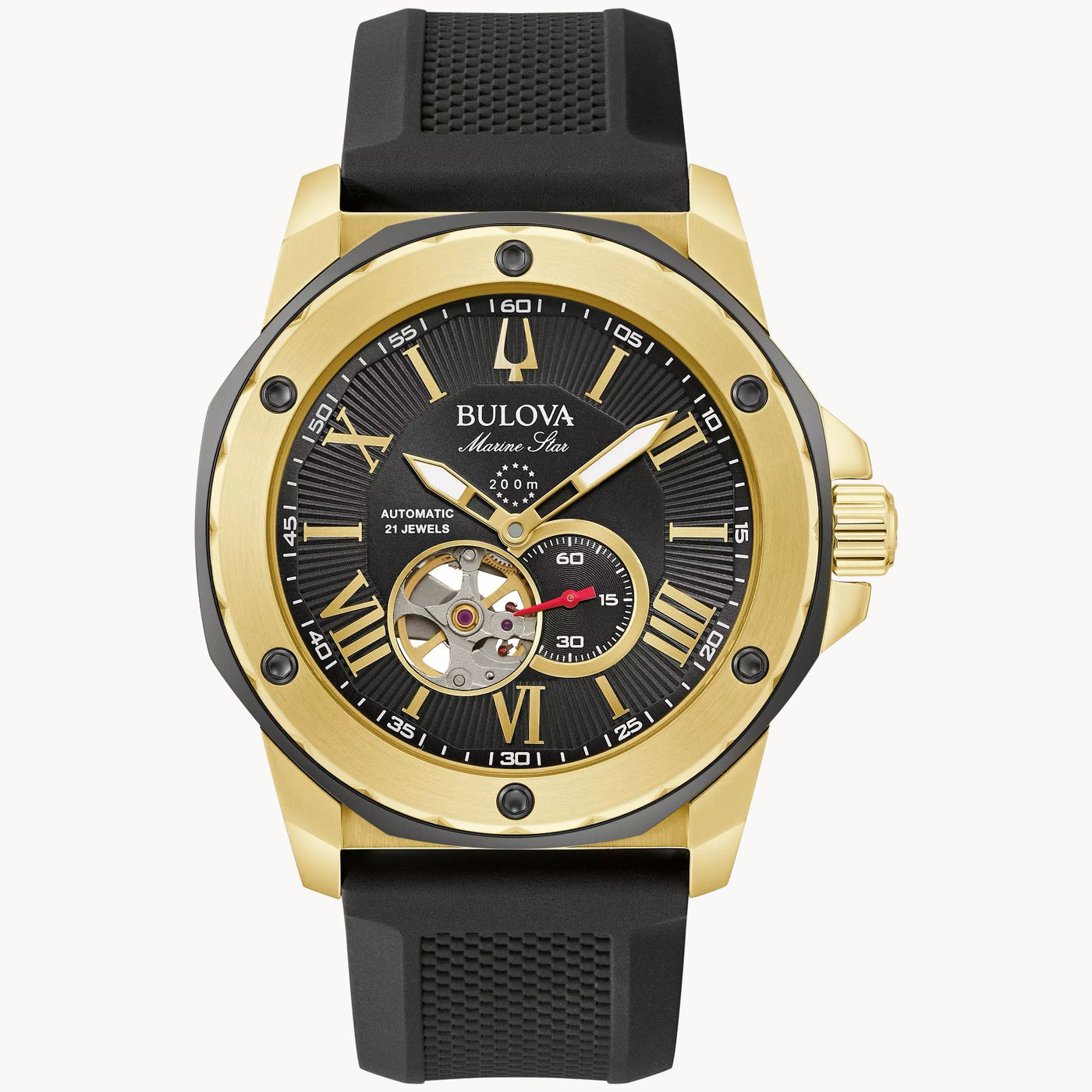 Gent's Gold Tone Bulova Marine Star with Black Dial & Black/Red Strap