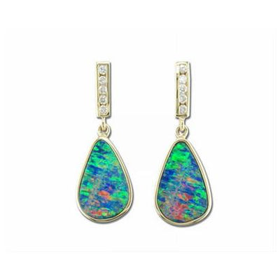 14KY Australian Opal Doublet & Diamond Dangle Earring Pair