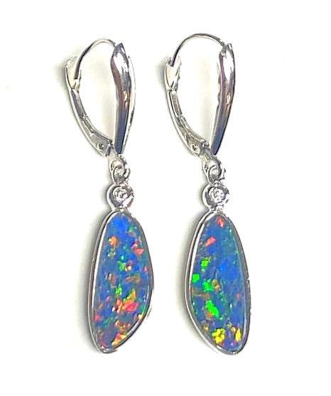 14KW Australian Opal Doublet & Diamond Dangle Earring Pair