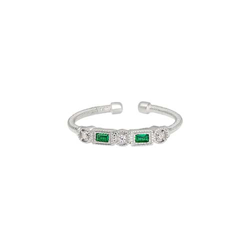 Rhodium Finish Sterling Silver Cable Cuff Ring with Simulated Emeralds and Simulated Diamonds Size:5