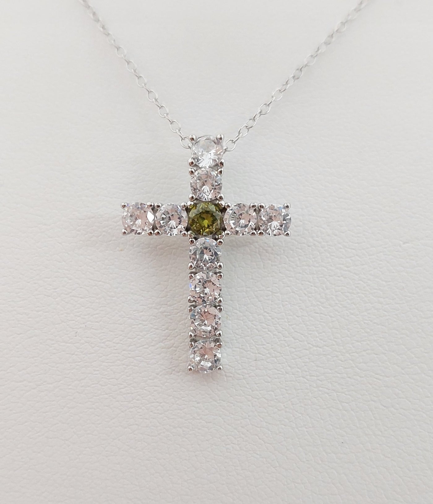 Silver Simulated Peridot/Diamond Cross Necklace