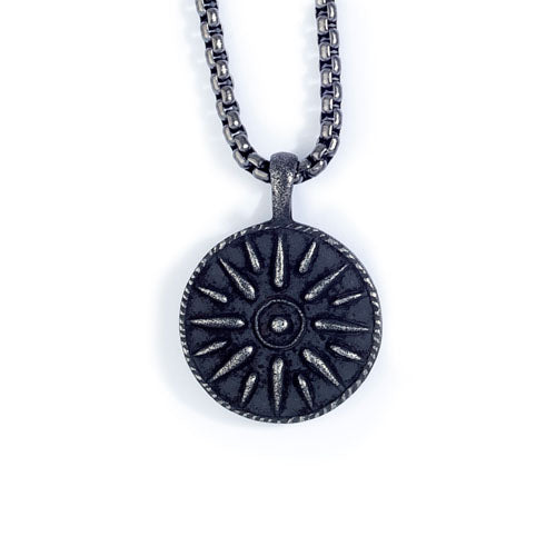 Black StainleSS Steel N, S, E, W Medallion on 22" 2.5mm Gun Metal Rounded Box Chain