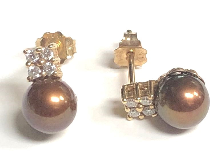 14KY Dyed Chocolate Pearl with Diamond Accent Earring Pair