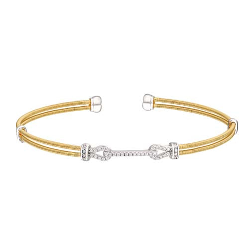 Gold Finish Sterling Silver Two Cable Cuff Bracelet with Rhodium Finish Simulated Diamond Buckle Design