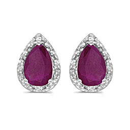 14K White Gold Pear 6x4mm Ruby & .02ct Diamond Earrings