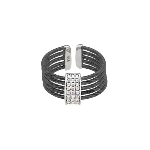 Black Rhodium Finish SS Multi Cable Cuff Ring with Rhodium Finish Simulated Diamond Three Rows Size:8