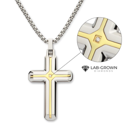 Stainless Steel and 18K Ion-Plated Cross Necklace with Lab-Grown Diamond Accent