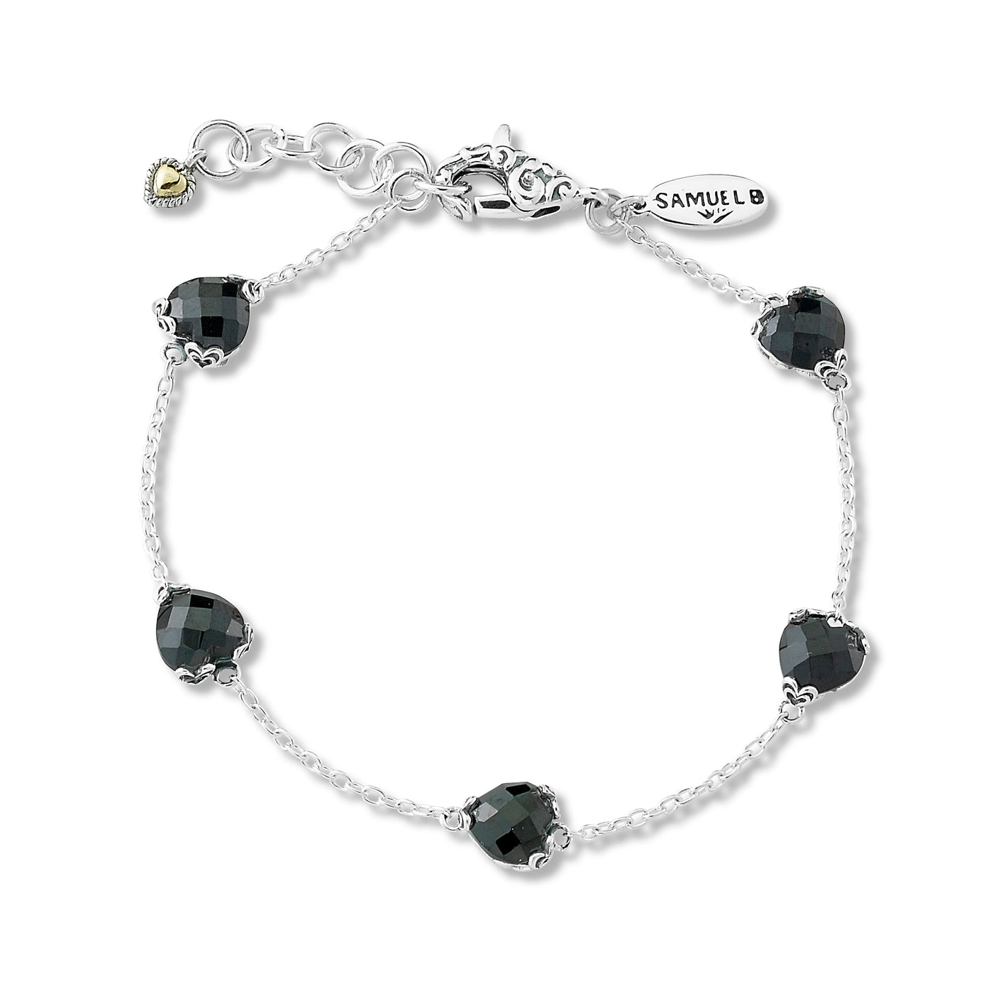 SS 7mm Heart Shaped Black Spinel Station Bracelet
