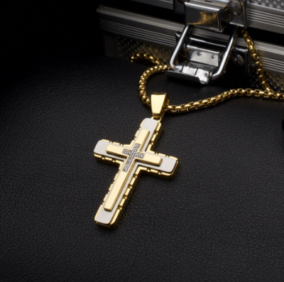 Stainless Steel Layered Cross Necklace with Lab-Grown Diamonds