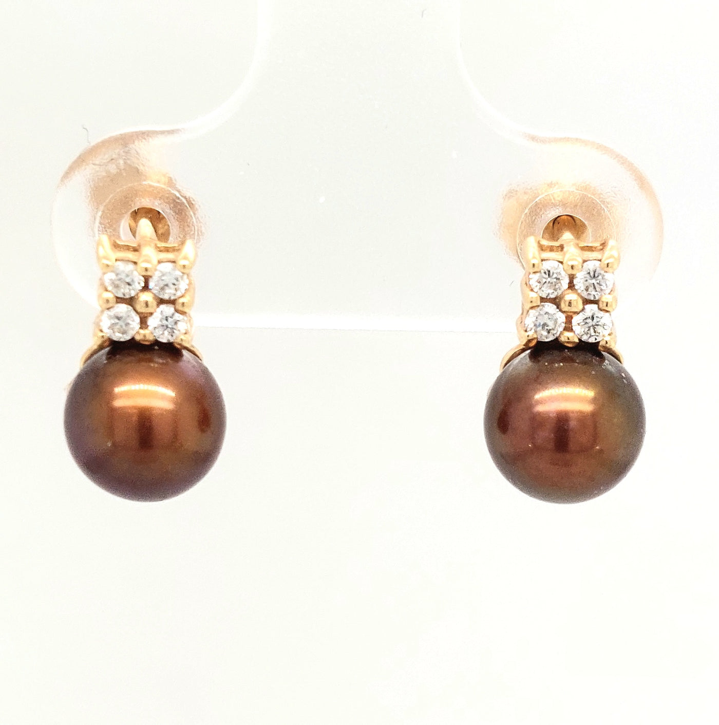 14K Yellow Gold Dyed Chocolate Pearl with Diamond Accent Earring Pair