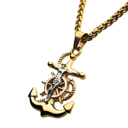 18K Gold Plated Stainless Steel Anchor Crucifix Necklace