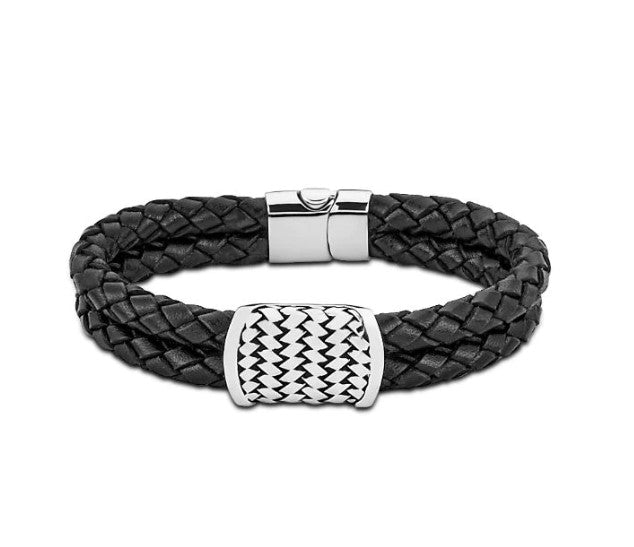 SS Woven Leather Bracelet with Woven Top