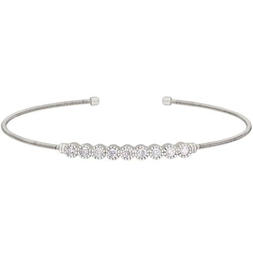 Rhodium Finish SS Cable Cuff Bracelet with Beaded Bezel Set Simulated Diamonds