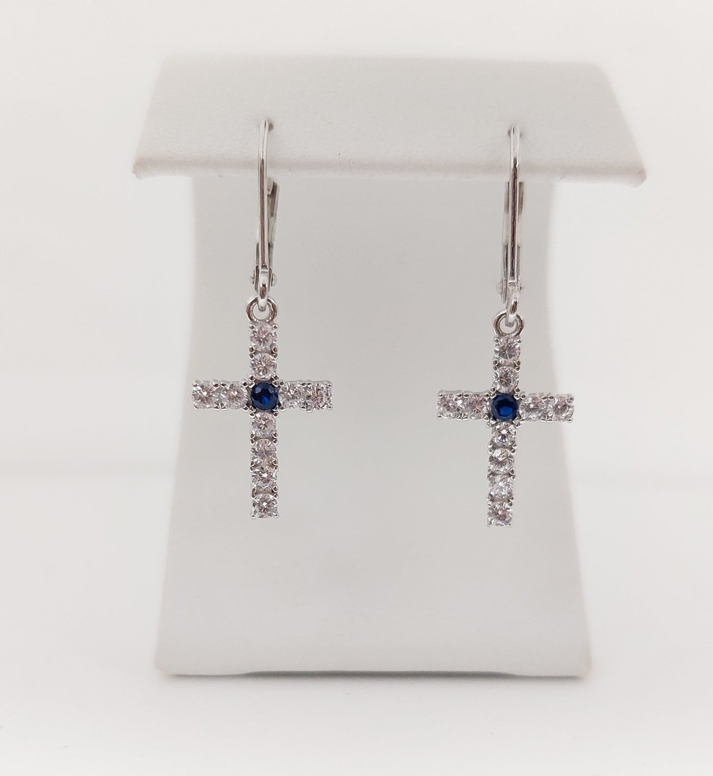 Silver Simulated Blue Sapphire/Diamond Cross Earrings