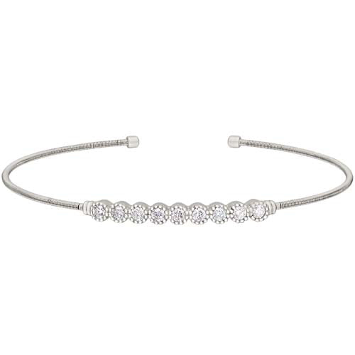 Rhodium Finish Sterling Silver Cable Cuff Bracelet with Beaded Bezel Set Simulated Diamonds