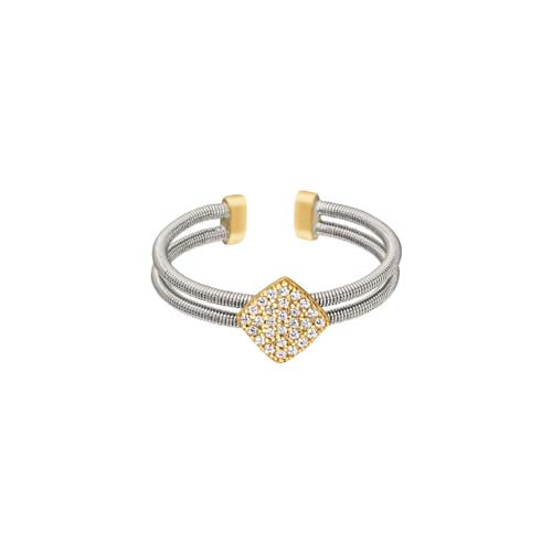 Rhodium Finish Sterling Silver Two Cable Cuff Ring with Gold Finish Simulated Diamond Large Diamond Shape Size:5