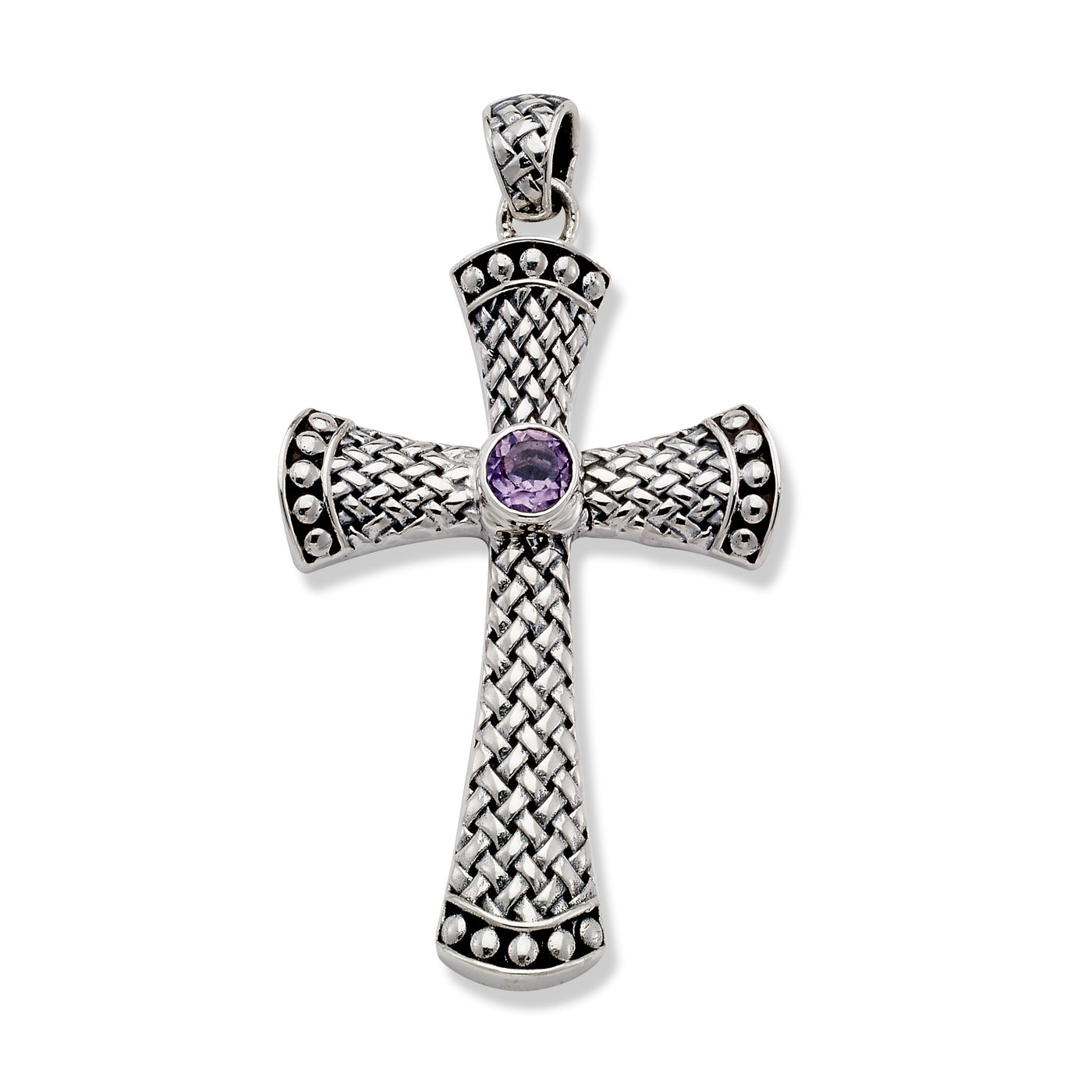 SS CROSS PENDANT WITH ROUND AMETHYST CENTER