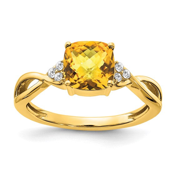 14K Yellow Gold Checkerboard Citrine and Diamond Ring Size:7