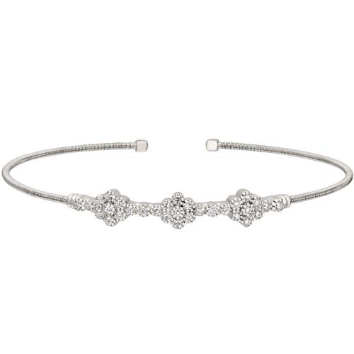 Rhodium Finish Sterling Silver Cable Cuff Bracelet with Three Clusters of Simulated Diamonds