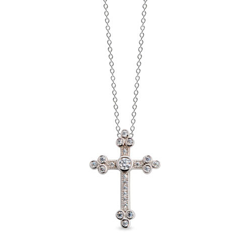 Platinum Finish Sterling Silver Micropave Cross Pendant with Simulated Diamonds on 18" Cable Chain