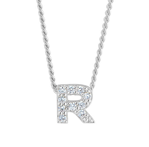 Platinum Finish SS Micropave R Initial Pendant with Simulated Diamonds on 18" Curb Chain