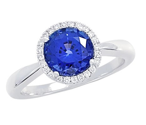 14K White Gold Chatham Lab-Grown Blue Sapphire Round Cut Ring