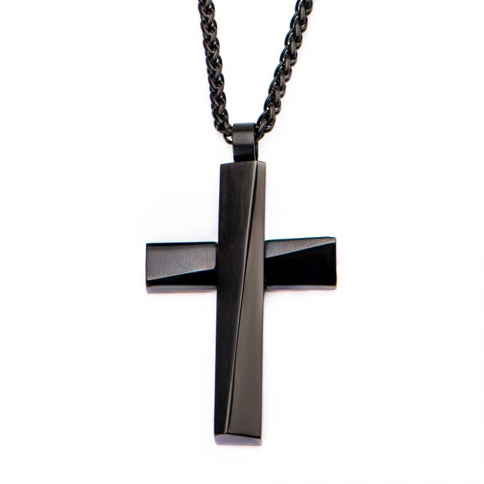 Black Plated Cross Pendant with Matte Black Round Wheat Chain