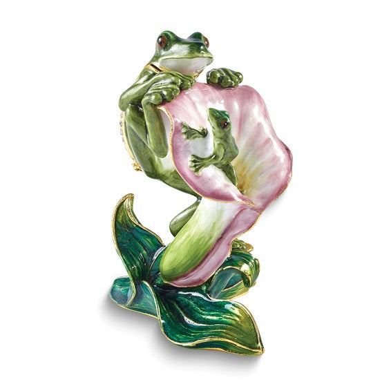 Bejeweled "Fletcher" Frog Climbing on Lily Trinket Box with Matching Necklace