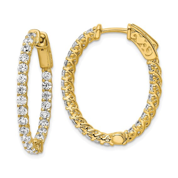 Sterling Silver Gold-plated 2.25mm CZ In and Out Oval Hinged Hoop Earrings