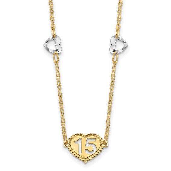 14K Two-tone Polished 15 Heart with 2 in ext Necklace