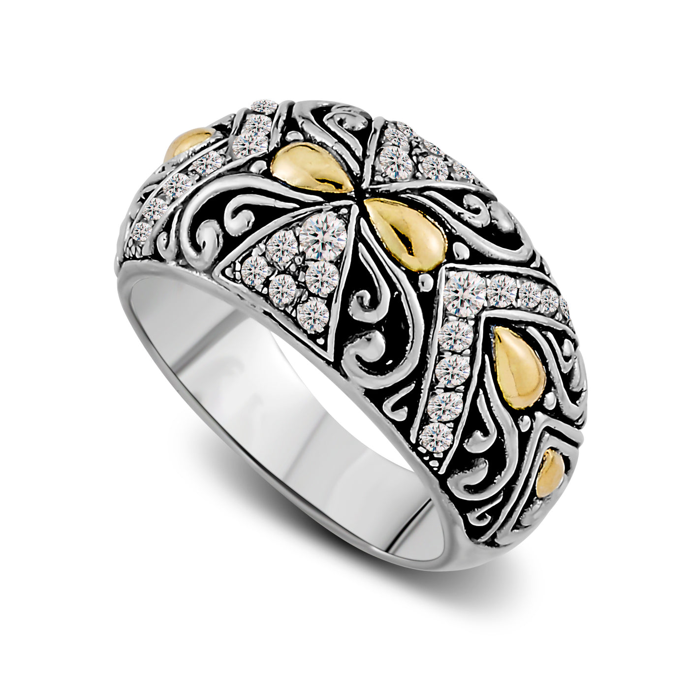 SS & 18K Yellow Gold White Topaz With Filigree Work "Sibayak" Ring Size:8