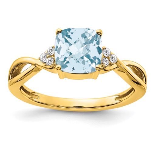 14K Yellow Gold Checkerboard Aquamarine and 0.06ctTW Diamond Ring Size:7