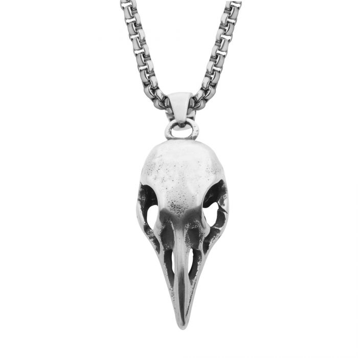 Crow Skull Pendant in Distressed Matte Steel finish with Bold Box Chain 24in